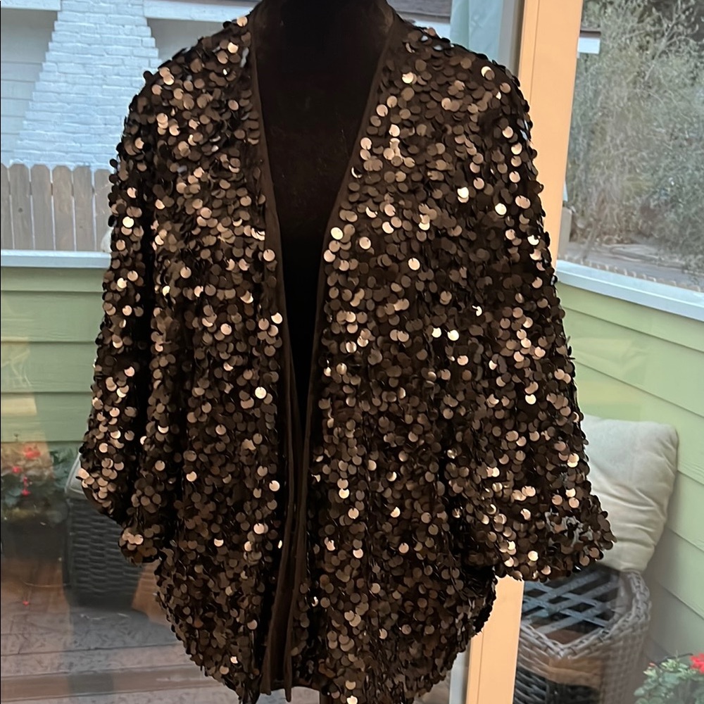 Black Sequin Cape Jacket Short Sleeve - Picture 4 of 16